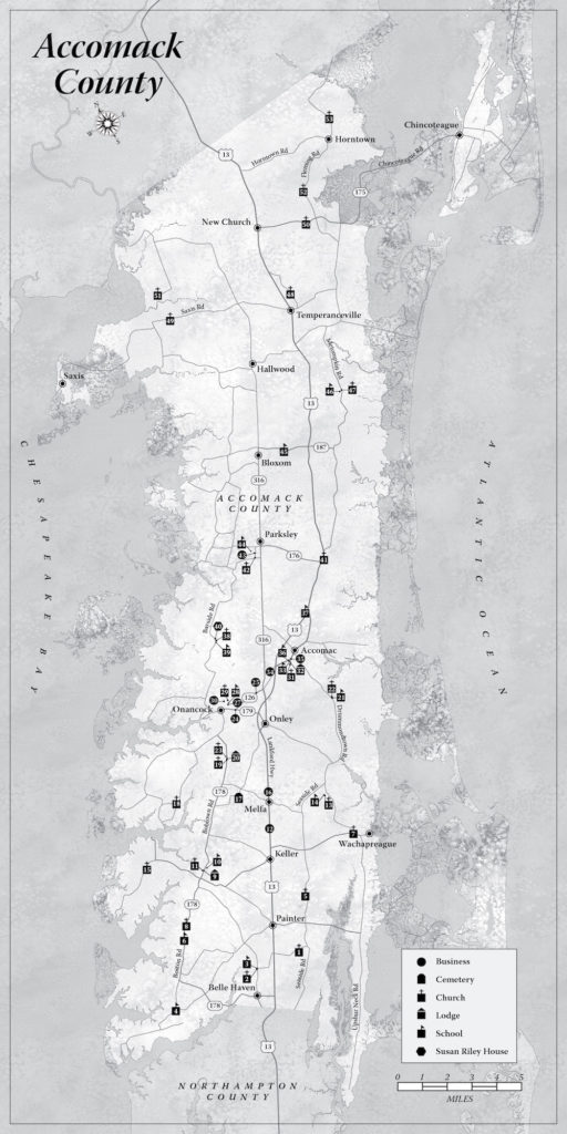 Accomack County map with historic sites, rendered with a watercolor background