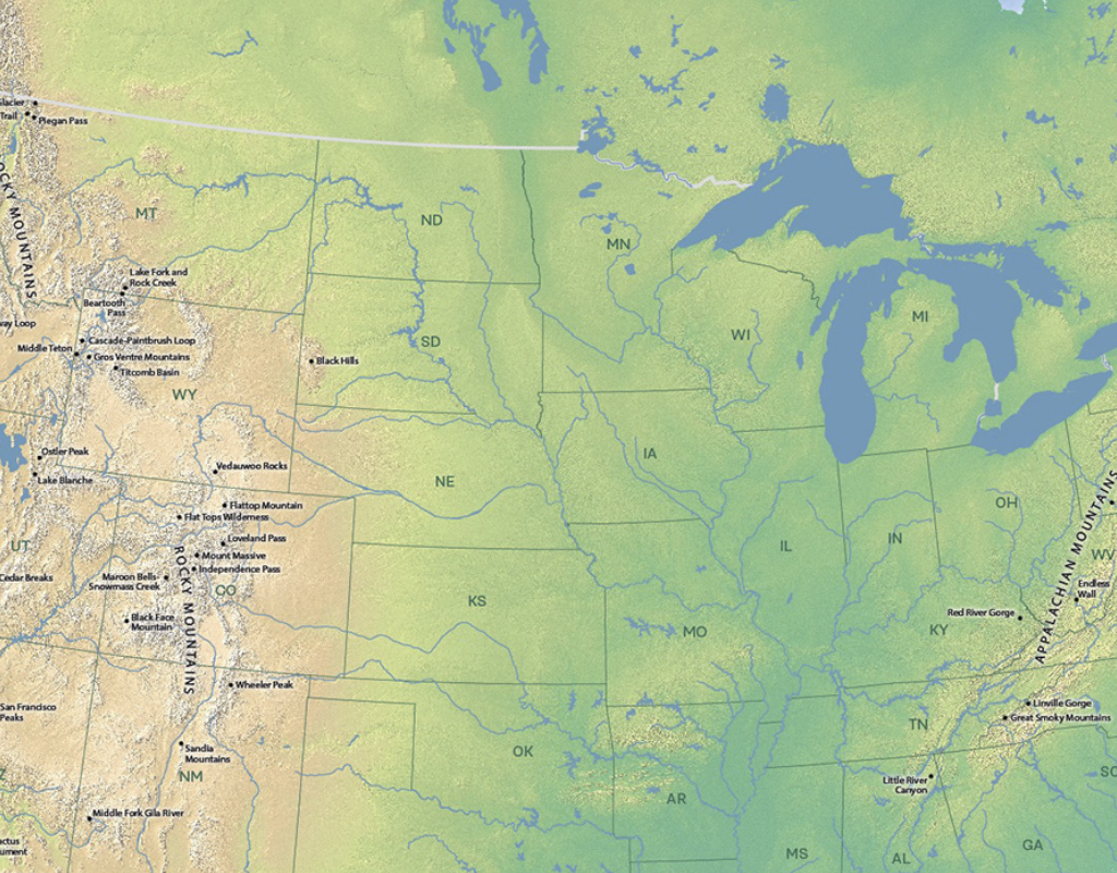 Map for Rizzoli Publications' Great Mountain Trails book by Tim Palmer.