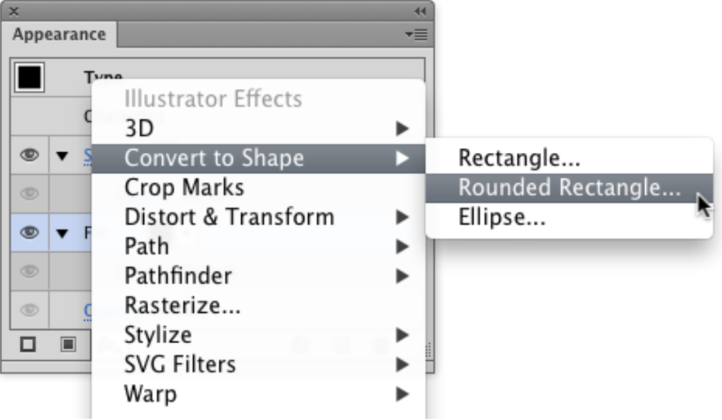 Adobe Illustrator's menus for converting a shape to a rounded rectangle