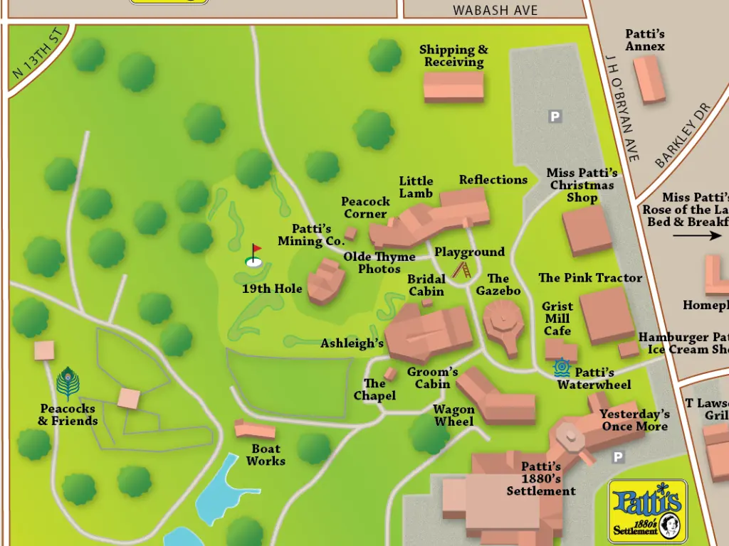 Resort map of Patti's 1880's Settlement in Kentucky showing 3D buildings, golf course, and vegetation.