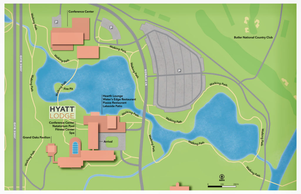 Map of Hyatt Lodge, Oak Brook, Illinois featuring the hotel buildings and trails.