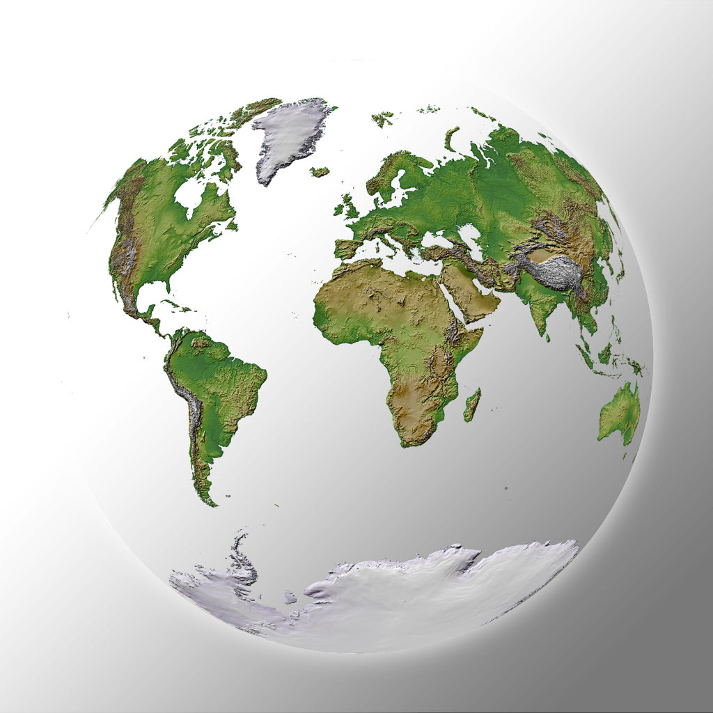 A custom world map illustration with both hemispheres appearing on the same side of the globe.