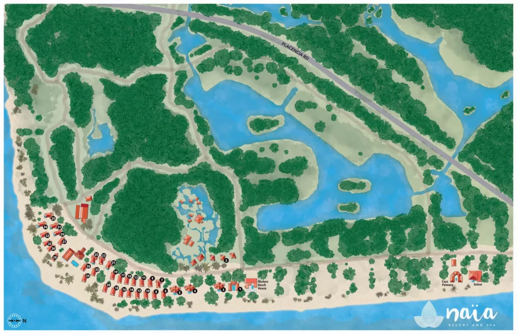 A resort map in a watercolor style created for Naia Spa and Resort in Belize.